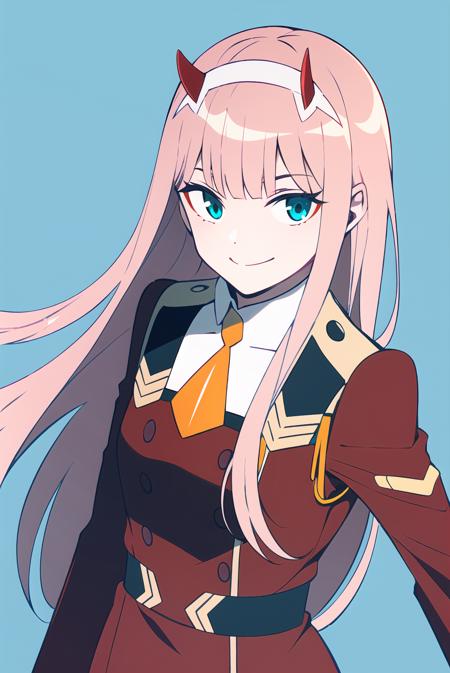 3978516510-3691563210-zero two _(darling in the franxx_), darling in the franxx, 1girl, ascot, bangs, blue background, green eyes, hairband, horns, lo.png